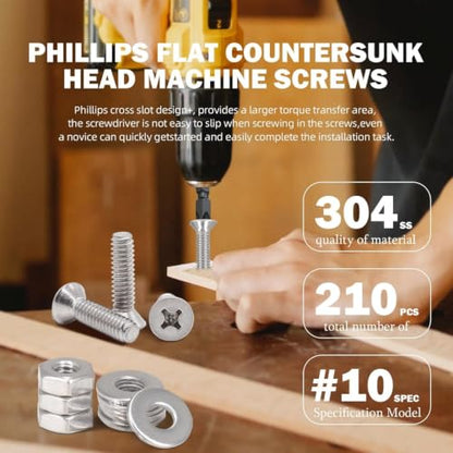 210PCS Machine Screw nut Bolt Combination kit, Phillips Flat Head Combination 304 Stainless Steel Bolt nut Flat Washer with Packaging， # 10 (3/8inch、5/8 inch、3/4 inch、 1 inch) - size: 4.8 mm, style: Flat head machine screw