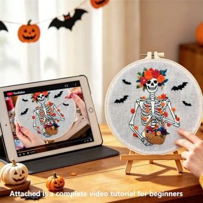 Halloween Embroidery Kits for Beginners Adults, Gothic Skeleton Embroidery Starter Kits, Halloween Cross Stitch Kits Needlepoint Kits for Adults Woman Gifts, Embroidery Hoop, Thread, Video Tutorial - color: H2101