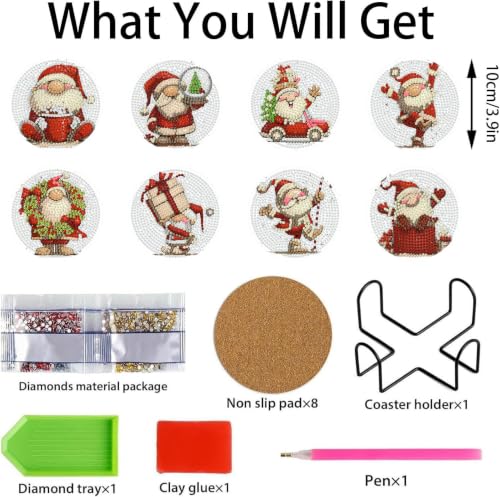 XUCNWL 8 PCS Christmas Diamond Art Coasters Kit for Adults,Gnome,4X4 Inch - color: Christmas-2