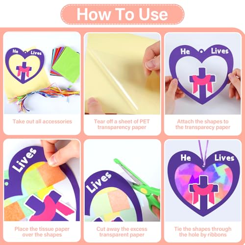 Qyeahkj 36 Set Easter Suncatchers Crafts for DIY Resurrection Church Window Tissue Paper Crafts Kit He is Risen Hanging Decor for Religious Cross Home Activity Art Project Favor Gift - style: Easter