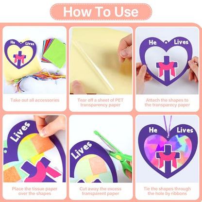 Qyeahkj 36 Set Easter Suncatchers Crafts for DIY Resurrection Church Window Tissue Paper Crafts Kit He is Risen Hanging Decor for Religious Cross Home Activity Art Project Favor Gift - style: Easter