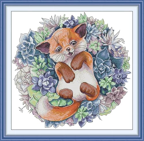 CrossNest 14CT Animal Counted Cross Stitch Kit for Beginners, Unprinted Complete DIY Embroidery Set with Pattern & Tools, Premium Aida Cloth & Threads (Puppies and Succulents) - color: Pattern 09