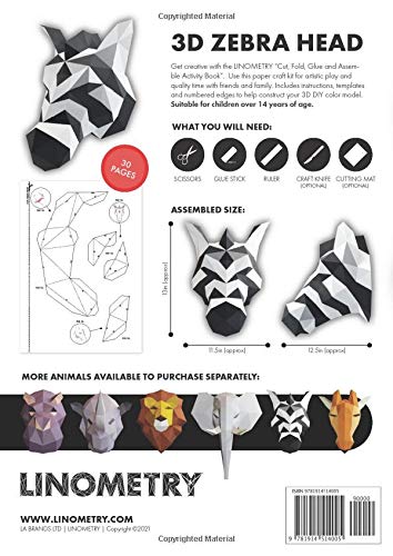 Linometry - 3D Zebra Paper Model: A cut, fold, and glue paper model activity book. Build a low-poly animal head model with this DIY, 3D, origami ... ASSEMBLED SIZE APPROX 13 X 12.5 inches