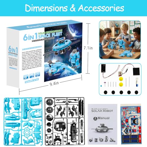 STEM Education Solar Robots Toys for Kids Age 8+, 6-in-1 DIY Science Kit Space Toys, 120 Pcs Building Experiment Robotics Set Birthday Gifts for Boys & Girls - color: Blue
