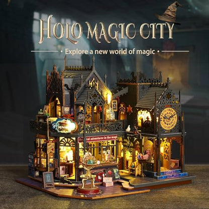 Flever Dollhouse Miniature DIY House Kit Creative Room with Furniture for Romantic Artwork Gift (Holo Magic City) - color: Holo Magic City