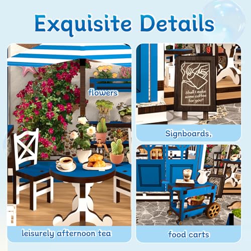 DIY Miniature Dollhouse Kit with Touch LED Light, 3D Wooden Puzzle Santorini Cafe Model, Creative Ocean Style Building Set, Arts and Crafts Gift for Adults (317 Pcs) - style: Mediterranean, Santorini Style