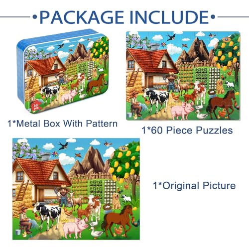 LELEMON Puzzles for Kids Ages 4-6,60 Piece Puzzles for Kids in a Metal Box - color: Farm 1)