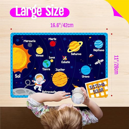 6 Pack Placemats for Kids, Non-Slip Washable Table Mats, Reusable Spanish Alphabet, Number, Shape & Color, Universe, Map Themed Educational Placemats for Home, Kindergarten, Classroom, Nursery - style: Spanish