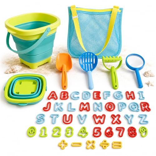 47pc Collapsible Beach Toys for Toddlers Kids ，Educational Sand Toys with Letter & Number Molds, Collapsible Bucket, Magnifying Glass, Mesh Bag -Travel Sandbox Toys for Boys Girls Age 3-10