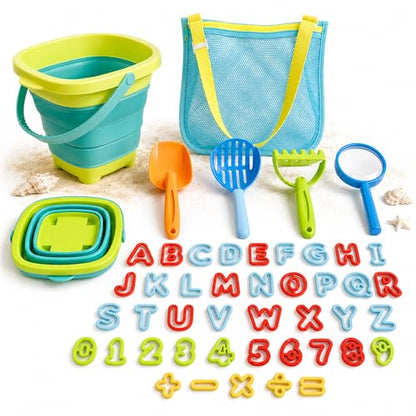 47pc Collapsible Beach Toys for Toddlers Kids ，Educational Sand Toys with Letter & Number Molds, Collapsible Bucket, Magnifying Glass, Mesh Bag -Travel Sandbox Toys for Boys Girls Age 3-10