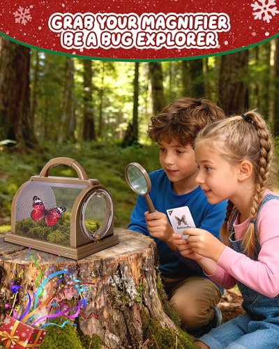 Bug Catcher Kit for Kids Outdoor Explorer Kit with Insect Cage, Observation Box, Magnifying Glass, 8 Toy Bugs, Net & 10 Cards, STEM Educational Toys Gifting for Boys & Girls Ages 3+