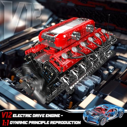 Mould King V12 Engine Model Kit that Runs - Motorized Mini Engines Building Blocks Set with Battery & Gearshift, Car Construction STEM Toy for Adults, DIY Mechanic Engineering Kit (3472+ PCS) - style: WX-10169