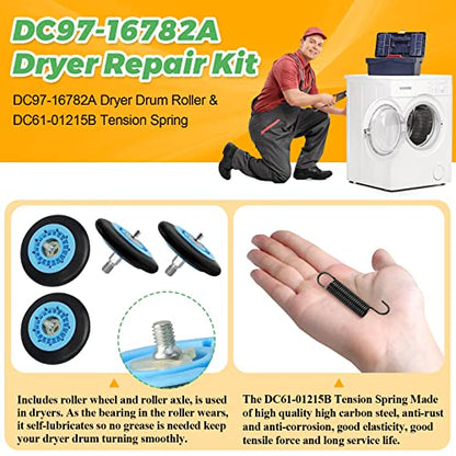 Dryer Repair Kit Fit for Samsung DV42H5000EW/A3 DV45H7000EW/A2 DV42H5200EP/A3 DV40J3000EW/A2, Includes DC97-16782A Samsung Dryer Roller, 6602-001655 Dryer Belt, DC93-00634A Idler Pulley by Techecook