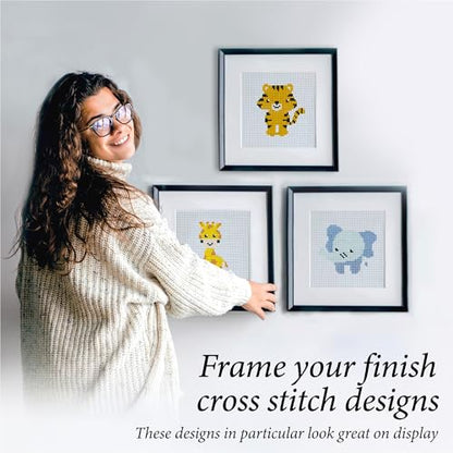 Kraftex Floral Stamped Cross Stitch Kits for Beginners - 3 Pack. DIY Embroidery Needlepoint Patterns for Adults. Easy Cross Stitch Kits for Beginners (Zoo Creatures) - style: Zoo Animals