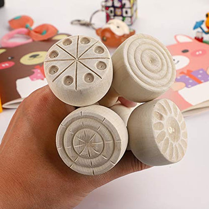 OwnMy Wood Clay Stamp Set, Wood Playdough Tools Handle Pottery Stamps, 4PCS