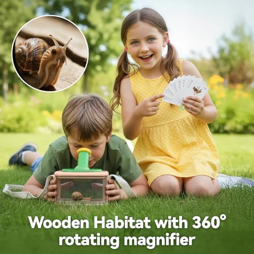 Wooden Bug Catcher for Kids, 360° Rotating Magnifier, Insect Explorer kit, with Bug Habitat, Butterfly Net, Bug Tongs, 10 Insect Cards, Montessori STEM Nature Toy for Outdoor