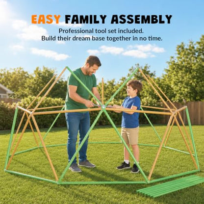 jumpfly 13FT Climbing Dome with Hammock and Swing, 6.9FT Extra Tall Jungle Gym for Backyard, Heavy Duty Dome Climber with Anti-Slip Textured Steel & 16 Grips, Outdoor Playset for Kids - color: Brown/Green