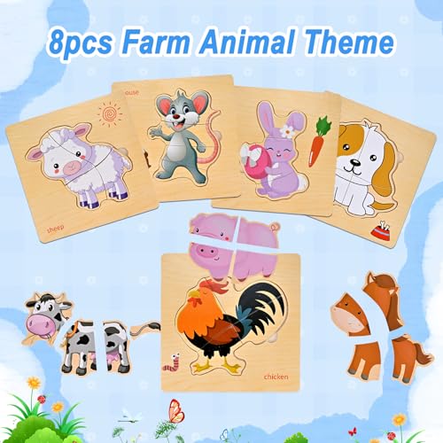 8pcs Wooden Puzzles for Toddlers 1-2-3-4, Farm Puzzles Ages 1-2-3-4 - style: Farm Animal