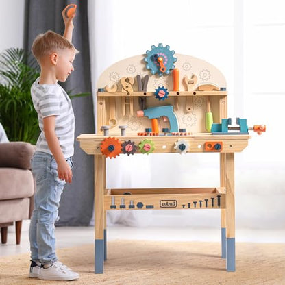 ROBUD Wooden Play Tool Workbench Set for Kids, Construction Toy Bench
