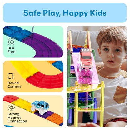 PicassoTiles 100 Piece Magnetic Tiles Race Track Toy Creative Building Set - color: 100 Pcs Race Car Track Set