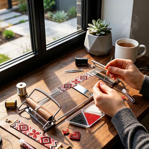 TMEGMIC Adjustable Metal Bead Loom Kit with Seed Beads for Bracelet Making - color: Red/Black/White