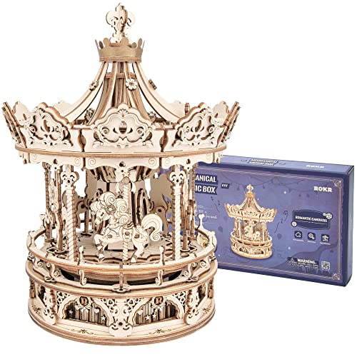 ROKR 3D Wooden Puzzle Carousel Model Building Kits Rotating 5-Horses Music Box Christmas Birthday Gift for Adults&Teens