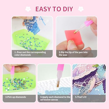 PERFECTSIGHT Cute 5D Diamond Art Kits, Kawaii DIY Painting Art for Adults Teen, 4 Pack Diamond Arts and Crafts Sets, Big Gem Full Drill Diamond Dots for Women (Turtle+Fox+Cow+Elephant) - style: Turtle+Fox+Cow+Elephant