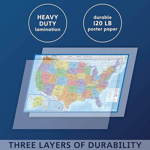 Laminated World Map & US Map Poster Set - 18" x 29" - Wall Chart Maps of the World & United States - Made in the USA - (LAMINATED, 18" x 29") - color: Blue