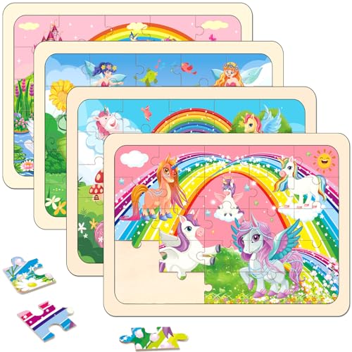 Wooden Jigsaw Puzzles for Kids Ages 4-6, 4-Pack 24-Piece Castle Puzzles Toy - color: Girls