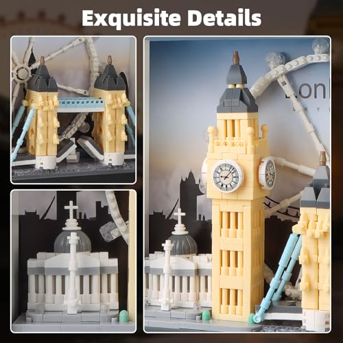 Vziimo London City Skyline Micro Building Set, World Famous Architecture Model 3D Wall Art Home Office Décor Display, Landmarks London Bridge Gift Toy for Adults Kids 12+ (1111PCS) - style: London Skyline Set