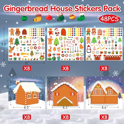 LINAYE 48PCS Make A Gingerbread House Stickers, Christmas Crafts for Kids Toddlers, Gingerbread House Craft Stickers, Christmas Activities Games for Kids Party Favors, 24 Finished Products - style: Gingerbread House 48 Sheets