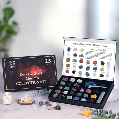 Rock Collection for Kids, 25PCS Crystal Gem Mineral Collection Set Box Gift for Boys and Girls, Natural Gemstone with Learning Guide Education Set