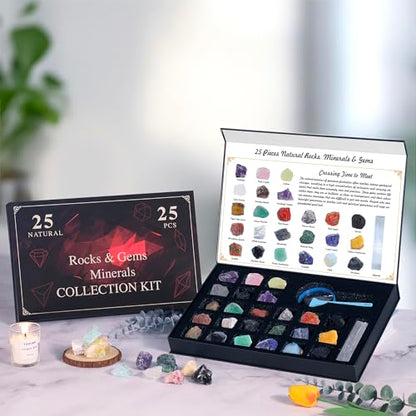 Rock Collection for Kids, 25PCS Crystal Gem Mineral Collection Set Box Gift for Boys and Girls, Natural Gemstone with Learning Guide Education Set
