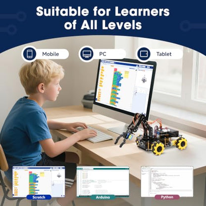 ACEBOTT 5DOF Robot Arm Car Kit, ESP32 Programmable Coding Robot with 4WD App & Remote Control, Arduino Python Blockly Compatible STEM Robotics Building Kit for Kids 12+ Teens and Adults