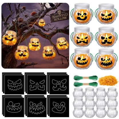 24 Sets Halloween Crafts Kits DIY Pumpkin Plastic Mason Jar - style: Pumpkin