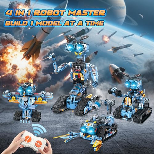 4-in-1 Rechargeable Remote Control RC Robot Building Toys for Kids, STEM Educational Building Block Robotics Kit Gifts for Christmas Boys Girls Ages 6 7 8 9 10 11 12+ (813PCS)