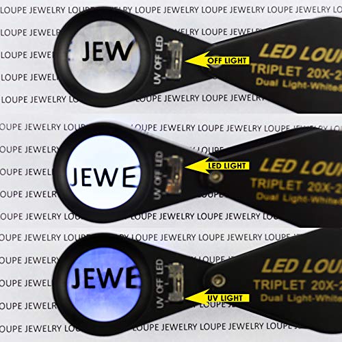 Jewelry Loupe 20X 21mm Triplet Lens Foldable Pocket Magnifying Glass with LED UV Light, Jewelers Loupe with Case Cloth Lanyard for Diamonds Gemstones Coins Stamps - color: 20x Magnification