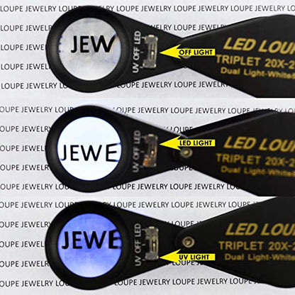 Jewelry Loupe 20X 21mm Triplet Lens Foldable Pocket Magnifying Glass with LED UV Light, Jewelers Loupe with Case Cloth Lanyard for Diamonds Gemstones Coins Stamps - color: 20x Magnification