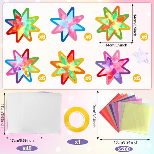 Qyeahkj 36 Set Summer Star Suncatchers Crafts for DIY Star Window Tissue Paper Craft Kit Art Ornament Hanging Decor for Home Activity Art Project Birthday Party Favors Gifts - style: Star