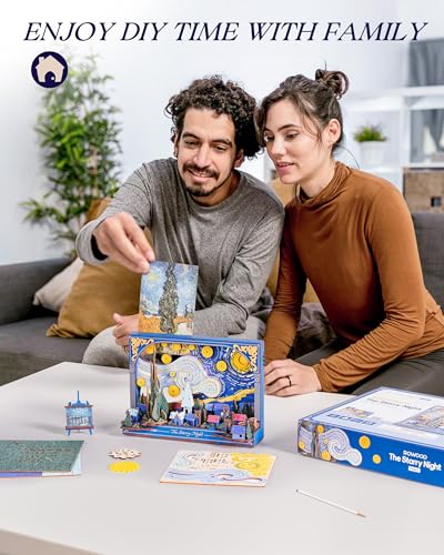 Rowood Starry Night 3D Puzzles for Adults,Mother's Day DIY Wooden Vincent Van Gogh Painting Artwork Craft Kit Building Set with LED,Home Decor Botanical Collection Gift for Family on Christmas - style: The Starry Night
