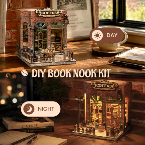 Coffee Shop Book Nook Kit DIY Miniature House with LED Lights, 3D Wooden Puzzle Bookshelf Insert for Adults, Double Door Mini Dollhouse Building Kit, Creative Home Decor Gift for Women & Men - style: Coffee Shop