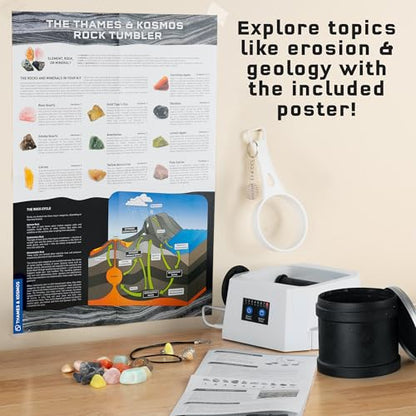 The Thames & Kosmos Rock Tumbler Essential STEM Tool | Durable, Leak-Proof, Noise-Reducing Barrel, Built-in Timer | Polish & Shine Kids Rock Collections, Includes Authentic Specimens & Polishing Grits