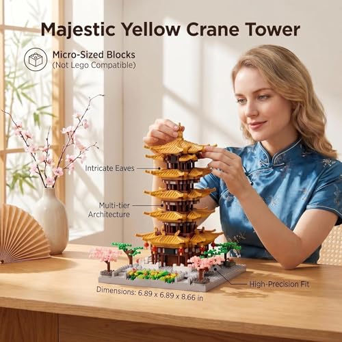 JXRLMB Chinese Ancient Famous Architecture Micro Building Blocks Set for Adults Yellow Crane Tower with Sakura Tree Cherry Plants, Toys for Kids Age of 14+ 2200 pcs - color: Chinese Yellow Crane Tower