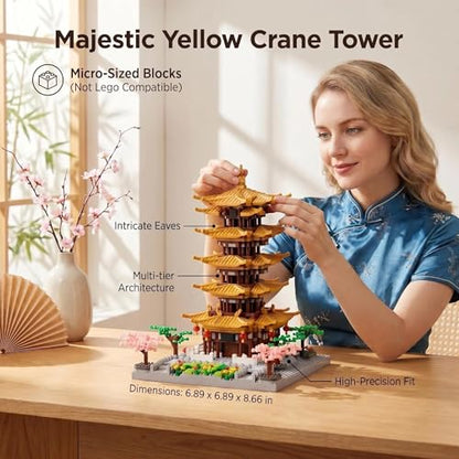 JXRLMB Chinese Ancient Famous Architecture Micro Building Blocks Set for Adults Yellow Crane Tower with Sakura Tree Cherry Plants, Toys for Kids Age of 14+ 2200 pcs - color: Chinese Yellow Crane Tower