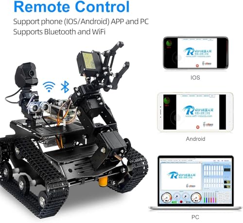 Smart WiFi Robot Kit with Raspberry Pi 5, 4DOF Robotic Arm Track Tank Chassis Robot Car with 2DOF HD Camera Ultrasonic Infrared Sensor, Programmable AI Robot Kit for Adults & Teens (Black) - color: Black