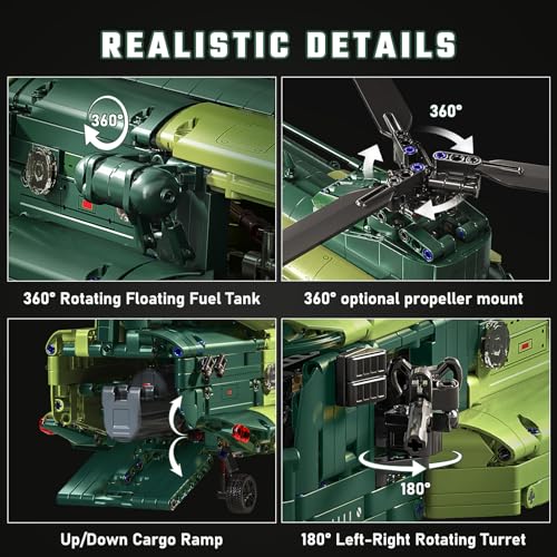 Powered Military Helicopter Building Blocks Set – 1521PCS Army Aircraft Bricks Model with Motor-Driven Rotors, Power Module & Mechanical Gear System – STEM Engineering Toy for Boys, Teens & Adults - color: Green Auto