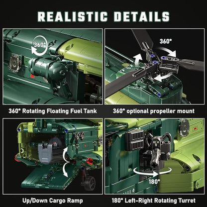Powered Military Helicopter Building Blocks Set – 1521PCS Army Aircraft Bricks Model with Motor-Driven Rotors, Power Module & Mechanical Gear System – STEM Engineering Toy for Boys, Teens & Adults - color: Green Auto