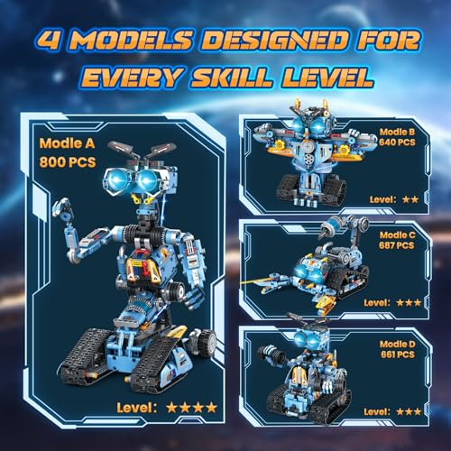 4-in-1 Rechargeable Remote Control RC Robot Building Toys for Kids, STEM Educational Building Block Robotics Kit Gifts for Christmas Boys Girls Ages 6 7 8 9 10 11 12+ (813PCS)