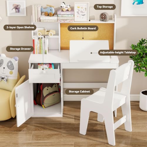 Kids Desk and Chair Set with 0-105° Tiltable Desktop for Ages 5-12, White - color: White, size: with Lift Up Hinge