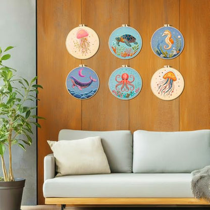 ACRNIGHEET 6PCS Embroidery Kit for Adults Beginners, Sea Animals Embroidery Starter Kit, Stamped Cross Stitch Kits for Crafts Lovers Gift Idea, Include Instructions 6 Stamped Embroidery Cloth 2 Hoop - style: Marine animal patterns -6pcs